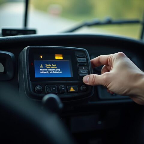 Die gelbe Warnmeldung auf dem Display eines digitalen Kontrollgeräts, die eine fehlende Unternehmenskarte anzeigt, löste die behördliche Auskunftsanforderung aus, deren Verweigerung nun das Auskunftsverweigerungsrecht der Personengesellschaft im Ordnungswidrigkeitenverfahren vor Gericht prüft.