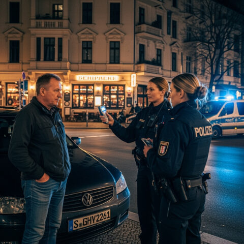 Eine Polizeibeamtin richtet ein Atemalkoholtestgerät auf einen Autofahrer, dessen spätere Verurteilung wegen Trunkenheit am Steuer er mit einer mangelnden Belehrung über seine Rechte anfechten wollte.