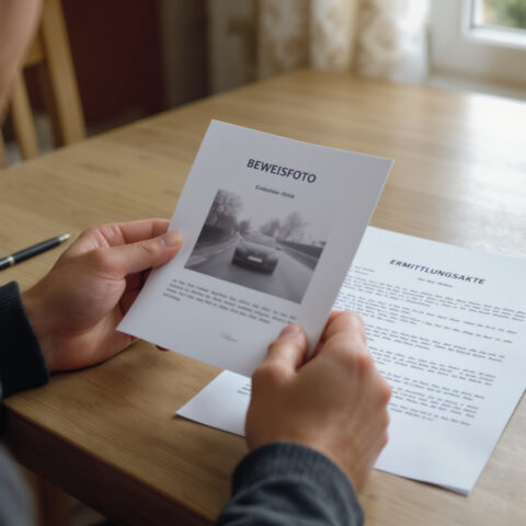 Eine Person prüft zu Hause am Schreibtisch sorgfältig ein unscharfes Beweisfoto und die dazugehörige Ermittlungsakte eines Bußgeldverfahrens.