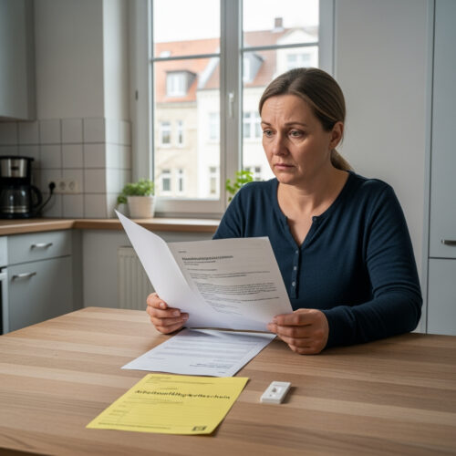 Die Autofahrerin studiert besorgt die Gerichtsdokumente, nachdem ihr Einspruch im Bußgeldverfahren wegen ihres ärztlichen Corona-Nachweises verworfen wurde.