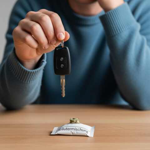 Ein Autofahrer hält seinen Autoschlüssel über ein Päckchen synthetischer Kräutermischung, deren Besitz ihm den Entzug seiner Fahrerlaubnis kostete.