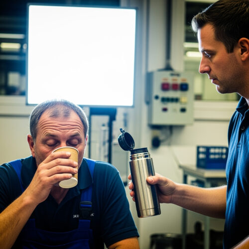 Der Schichtleiter nimmt ahnungslos einen Schluck aus dem Pappbecher, dessen Inhalt – mutmaßlich von seinem Kollegen stammend – ihn wegen Amphetamin im Blut seine Fahrerlaubnis kosten wird.