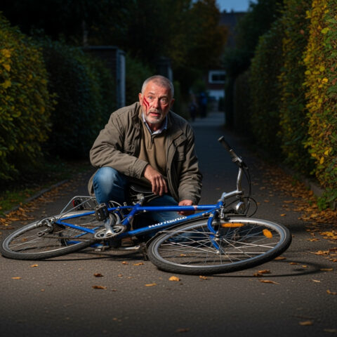 Fassungslos kniet der Mann nach seinem alkoholbedingten Fahrradsturz neben dem umgekippten Rad, während ihm das Gericht wegen Trunkenheit die Fahrerlaubnis entzieht.