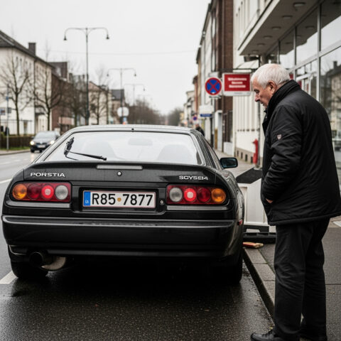 Der langjährige Autofahrer blickt auf nasser Straße auf sein Fahrzeug, nachdem ihm aufgrund eines einzigen Fahrfehlers die Fahrerlaubnis entzogen wurde und seine Fahrtüchtigkeit nun gerichtlich geprüft wird.