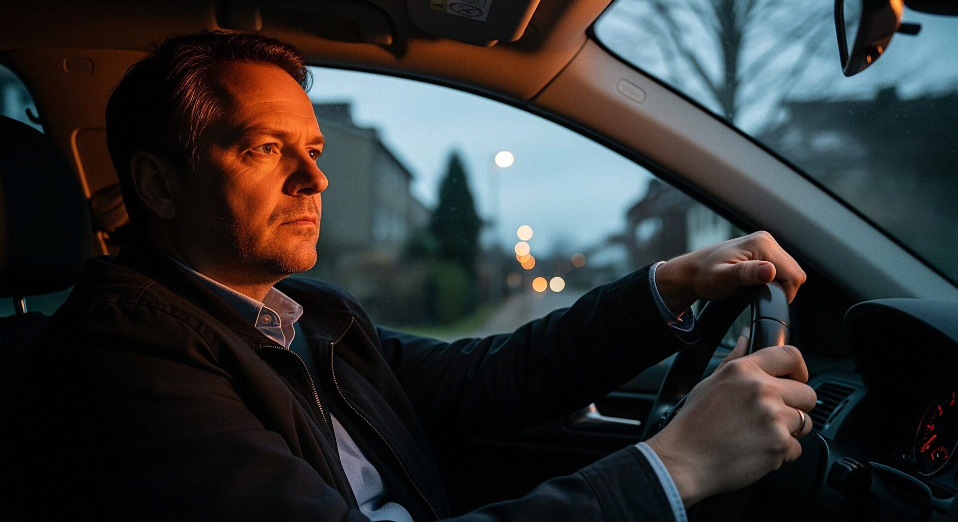 Ein frustrierter Mann sitzt abends allein in seinem geparkten Auto und blickt nachdenklich aus dem Fenster, symbolisch für die Last einer Fahrtenbuchauflage.