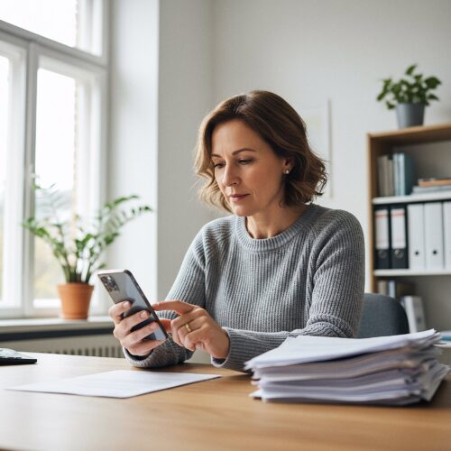 Eine entschlossen wirkende Frau sitzt am Schreibtisch und wählt eine Nummer auf ihrem Smartphone, um einen Anwalt wegen einer Fahrtenbuchauflage zu kontaktieren.