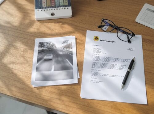 uf einem Schreibtisch liegen die Unterlagen zur Prüfung einer Fahrtenbuchauflage: Anhörungsbogen, Blitzerfoto und ein Kalender.