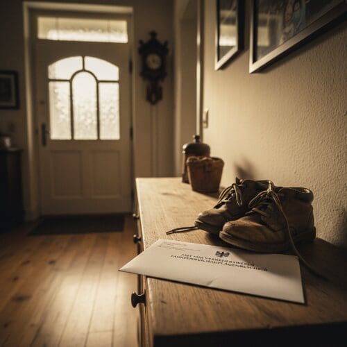 Ein Symbolbild zum Dilemma des Schweigerechts: Ein offizieller Behördenbrief liegt neben einem Paar Kinderschuhe im Flur.