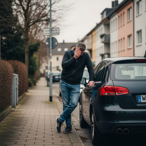 Ein notorischer Verkehrssünder stützt sich verzweifelt an seinem Wagen ab, nachdem das Gericht seinen Antrag auf Abwendung des Fahrverbots wegen wirtschaftlicher Härte und Existenzgefährdung endgültig abgewiesen hat.