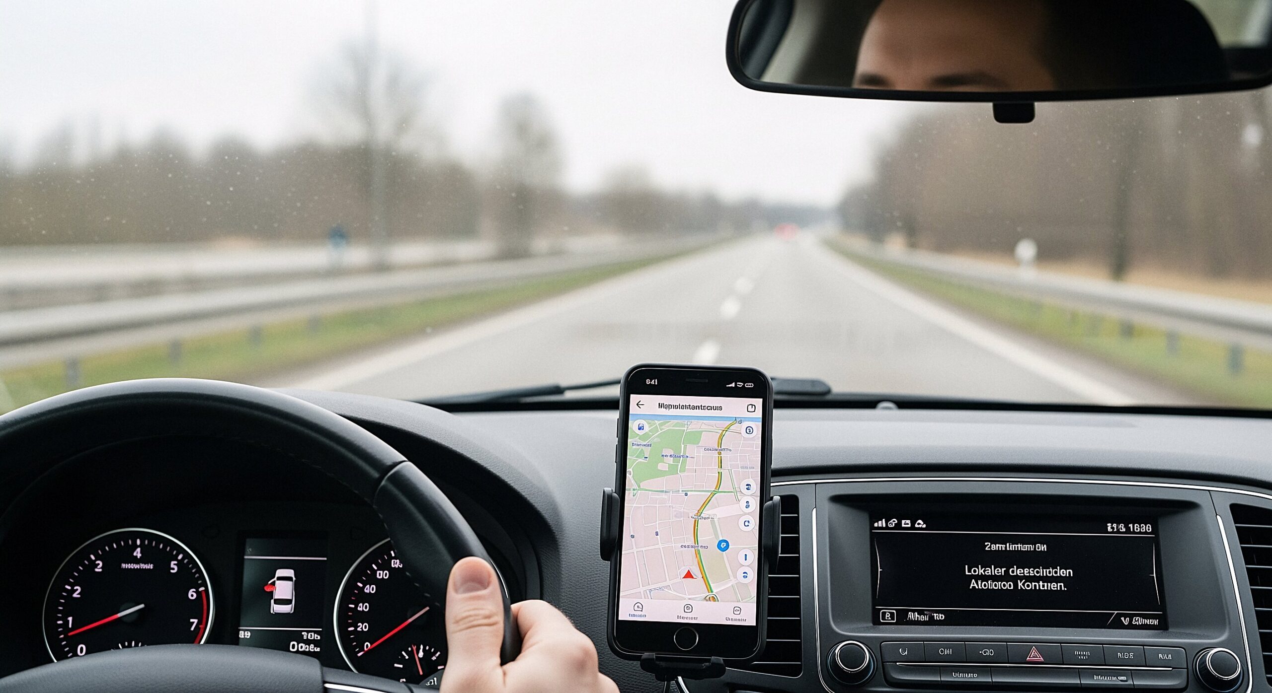 Sichere und erlaubte Nutzung eines Smartphones als Navigationsgerät in einer Autohalterung, aus der Perspektive des Fahrers auf einer deutschen Straße.