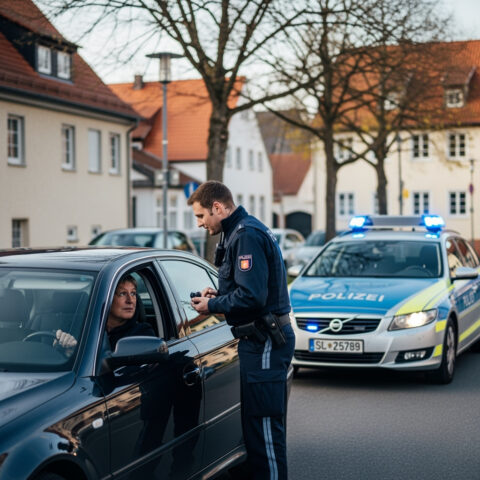 Ein Polizist führt eine Kontrolle bei einem Autofahrer durch, dem die Fahrerlaubnis wegen THC-Einfluss und einer versäumten MPU entzogen wurde, ungeachtet einer ärztlichen Verordnung für Medizinal-Cannabis.