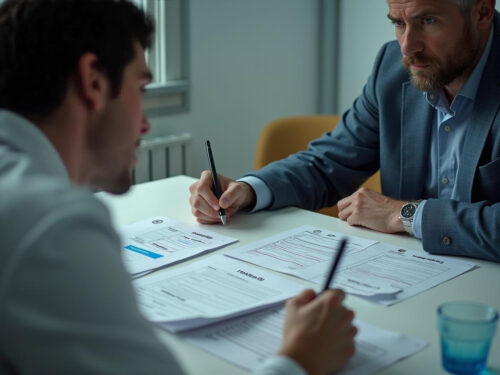 Nach einer negativen MPU bereiten ein Autofahrer und sein Anwalt konzentriert die notwendigen Unterlagen vor, um die entzogene Fahrerlaubnis wiederzuerlangen.