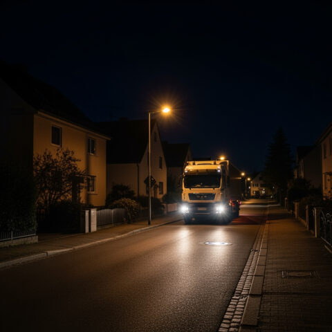 Ein nächtlich fahrender Lastwagen in einem Wohngebiet visualisiert den Kern des jahrelangen Rechtsstreits um das nächtliche Lkw-Durchfahrtsverbot, das Anwohner erfolgreich für ihren Lärmschutz durchsetzten.