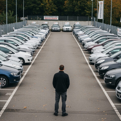 Ein Verantwortlicher des Mietwagenunternehmens blickt auf die zwangsweise stillgelegte Flotte, nachdem die Behörde die Mietwagengenehmigung mit sofortiger Vollziehung widerrufen hat.