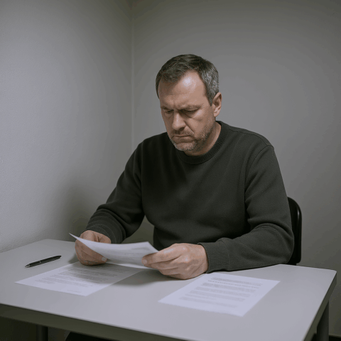 Ein inhaftierter Beschuldigter studiert konzentriert die Gerichtsakten, die seine rückwirkende Pflichtverteidigerbestellung für das Bußgeldverfahren, trotz anfänglicher Ablehnung wegen seiner Haft, bestätigen.