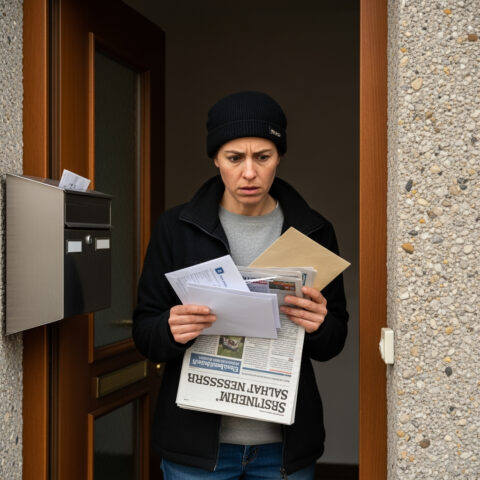 Eine Autofahrerin prüft im Türrahmen eingegangene Post, deren fehlerhafte **Zustellung im Ausland** die Aufhebung der **Verwerfung** ihres **Einspruchs** gegen einen **Bußgeldbescheid** durch das Oberlandesgericht zur Folge hatte.