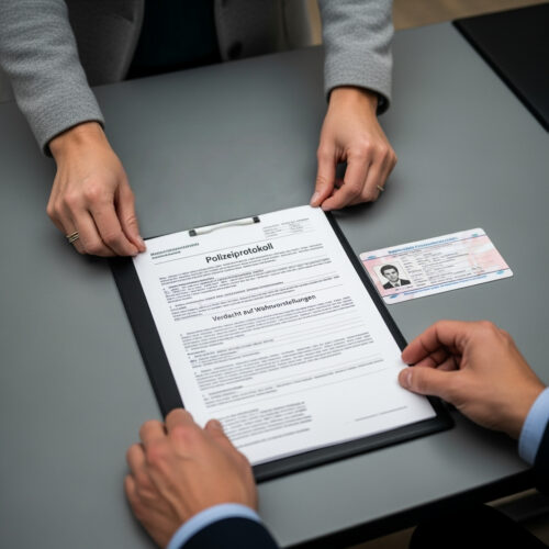 Eine Autofahrerin studiert mit ihrem Anwalt das Polizeiprotokoll, das die Anordnung eines ärztlichen Gutachtens über ihre Fahreignung nach sich zog. Dieser Bericht ist nun der zentrale Punkt in ihrem Kampf um die Fahrerlaubnis.