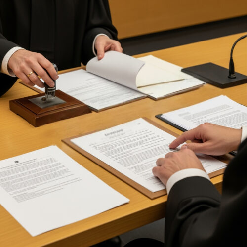 Ein Justizmitarbeiter stempelt die Kostenentscheidung nach eingestelltem Bußgeldverfahren zur Erstattung der Anwaltskosten.