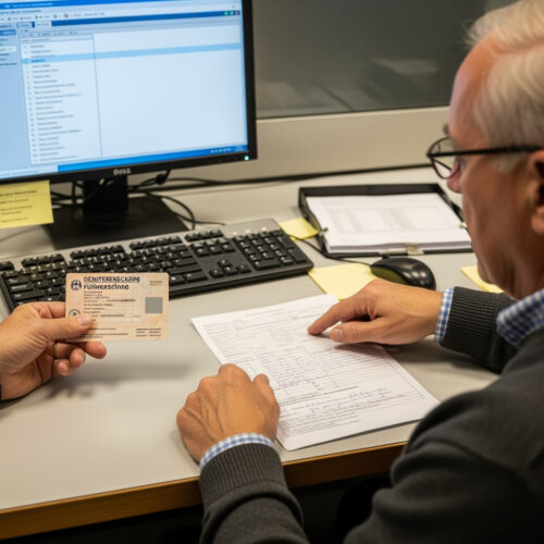 Ein Bürger prüft die mangelnden Nachweise der Fahrerlaubnisbehörde für einen angeblichen Führerscheinentzug von 1995, während ihm ein Beamter den alten Führerschein zur zwangsweisen Einziehung vorlegt.