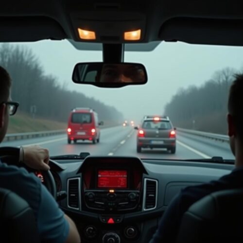 Ein Fahrer steuert sein Auto. Drohende Fahrtenbuchauflage trotz Zeugnisverweigerung nach dichtem Auffahren im Fokus.