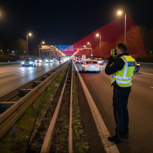Ein Polizeibeamter führt mit dem Riegl LR 90-235/P eine Lasermessung durch, die bei Gericht oft erfolgreich angefochten wird.