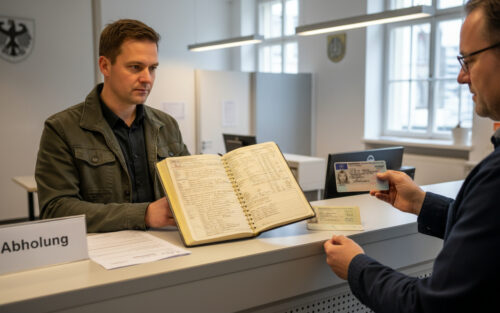 Ein LKW-Fahrer beantragt die Führerschein-Verlängerung. Der Sachbearbeiter prüft im Landratsamt die erforderlichen Fahrpraxisnachweise.