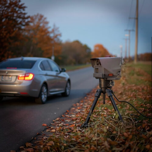 Ein PoliScan FM1 Messgerät erfasst einen Pkw im Straßenverkehr, dessen geforderte Akteneinsicht in Rohdaten und Protokolle das Bußgeldverfahren gegen den geblitzten Autofahrer später ins Wanken bringt.