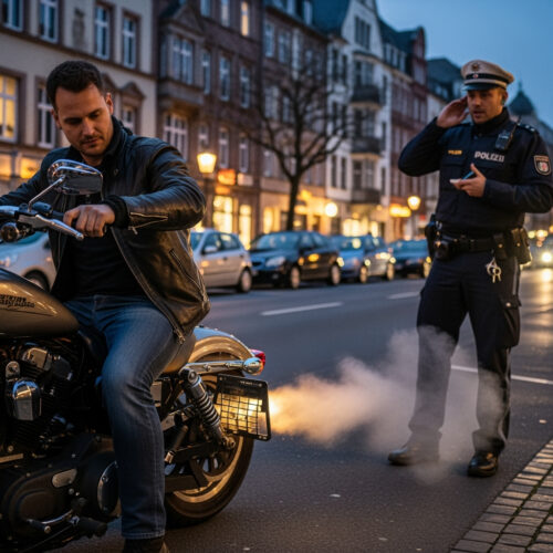 Ein Motorradfahrer wird wegen unnötigem Lärm bei einer Polizei-Kontrolle angehalten, Bußgeld droht trotz zugelassenem Auspuff.