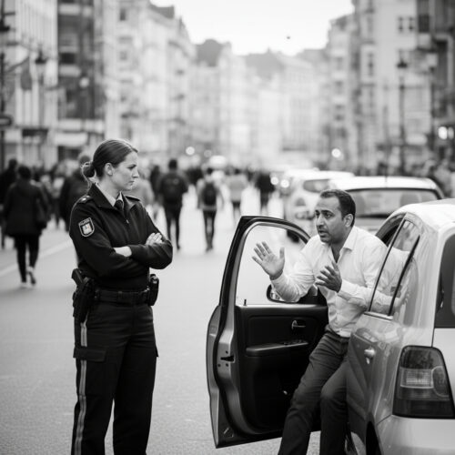 Polizistin bei einer Verkehrskontrolle sieht wie der Fahrer unsicher aus seinem Fahrzeug aussteigt