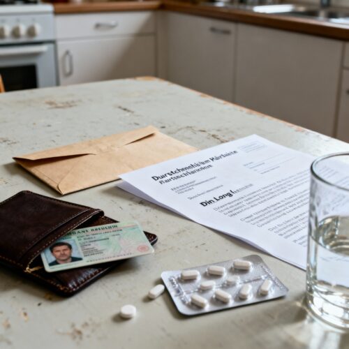 Tabletten, Ausweis und der Bescheid zur sofortigen Entziehung der Fahrerlaubnis nach MPU-Verweigerung liegen auf dem Tisch.