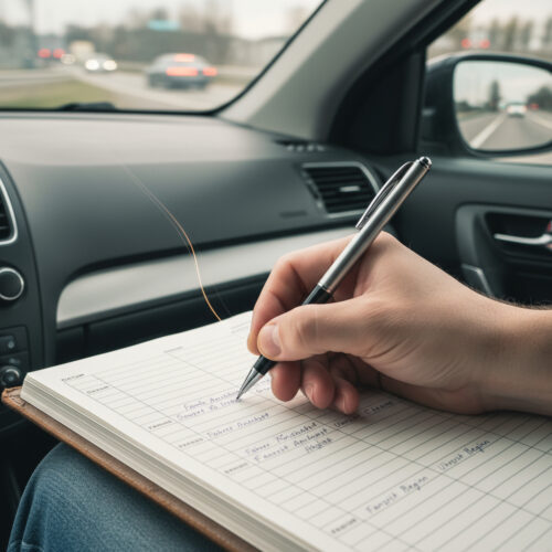 Detailaufnahme einer Hand, die mit einem Stift präzise die Daten des Fahrers in ein gebundenes Fahrtenbuch im Auto einträgt.