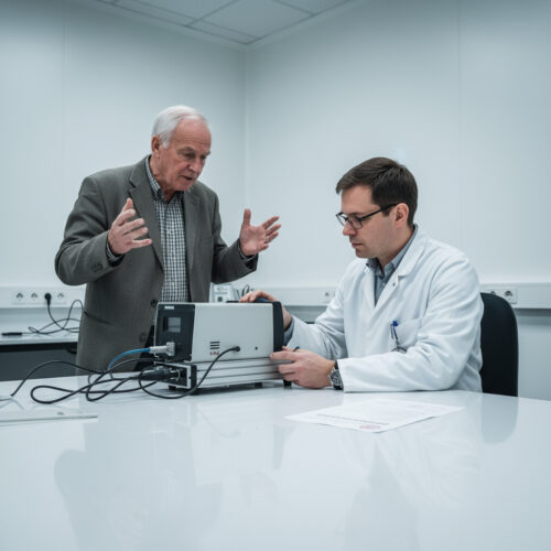 Ein Prüftechniker untersucht das Messgerät, um das Fortsetzungsfeststellungsinteresse der Blitzerprüfung zu klären.