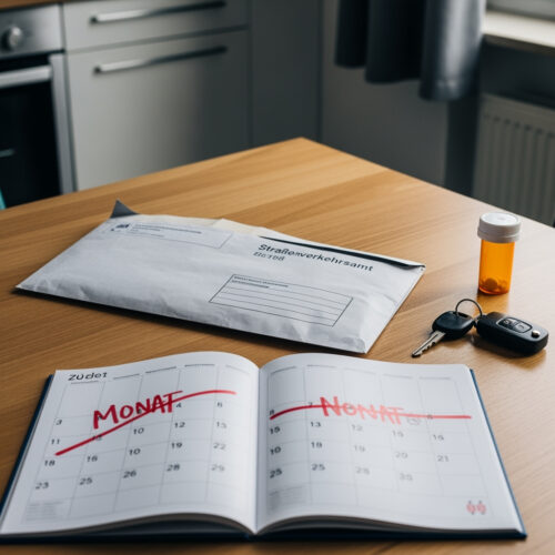 Nach der MPU-Verweigerung liegt der Bescheid vom Straßenverkehrsamt neben Autoschlüssel und Methadon-Medikation.