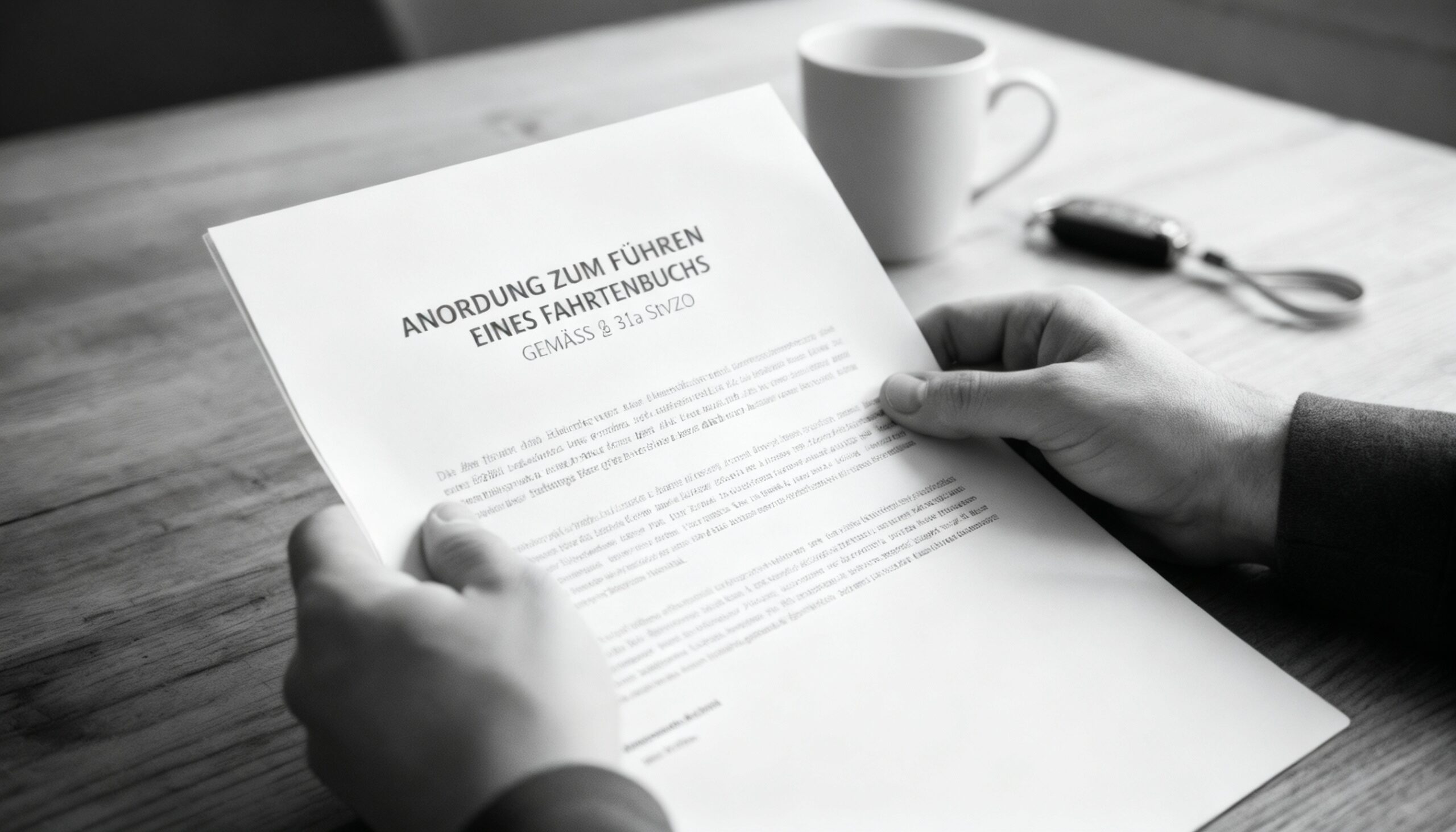 Eine Person sitzt an einem Tisch und hält einen offiziellen Brief einer deutschen Behörde mit dem Betreff 'Anordnung zum Führen eines Fahrtenbuchs' in der Hand.