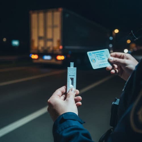 Nahaufnahme: Ein Polizist hält bei einer routinierten nächtlichen Kontrolle das Speichel-Drogenschnelltest-Kit und einen Führerschein.