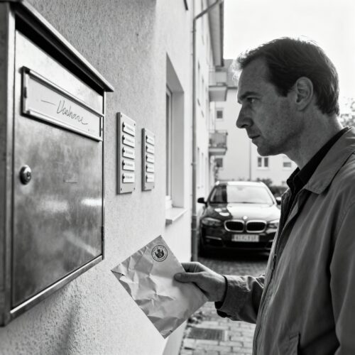 Ein Ermittler betrachtet mit einem offiziellen Umschlag einen Briefkasten mit nur einem verwaschenen, handgeschriebenen Namen.