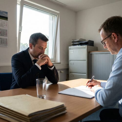 Ein professionell gekleideter Mann wendet im sachlichen Interviewraum den Blick vom schreibenden Gutachter ab.