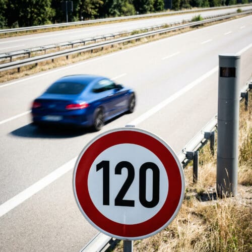 Ein scharfes 120 km/h-Verkehrsschild auf der Autobahn steht im Kontrast zu einem blauen Auto, das als unscharfer, dynamischer Blitz vorbeirast.