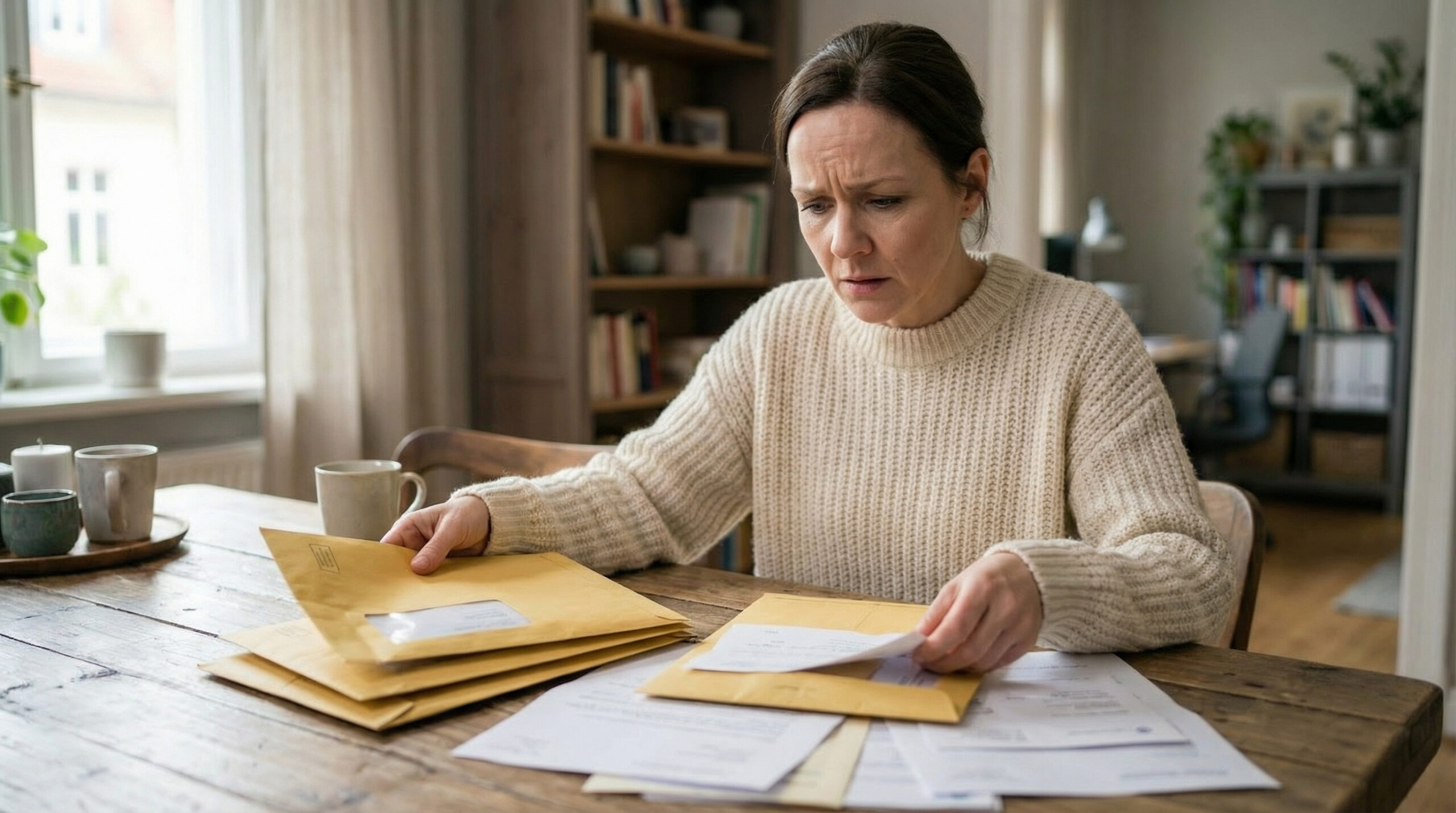 Frau vergleicht mehrere Bußgeldbescheide am Schreibtisch