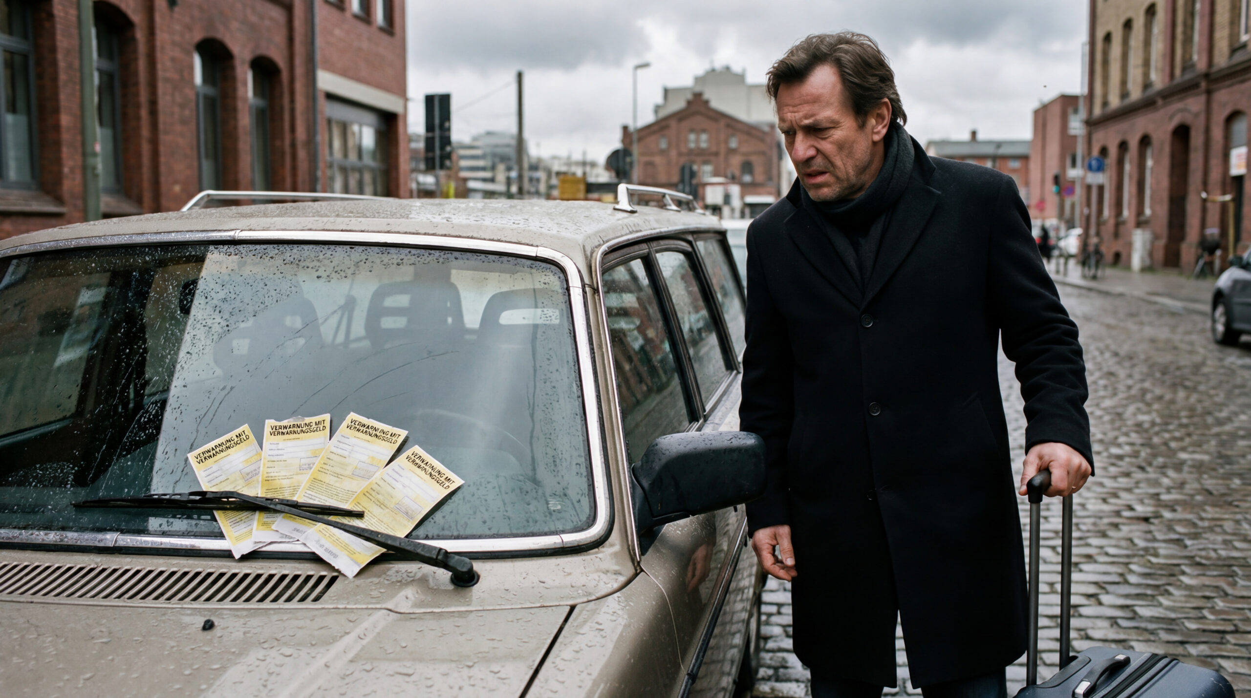 Ein Mann mit Reisekoffer steht fassungslos vor seinem Auto, an dessen Windschutzscheibe mehrere verwitterte Strafzettel klemmen.