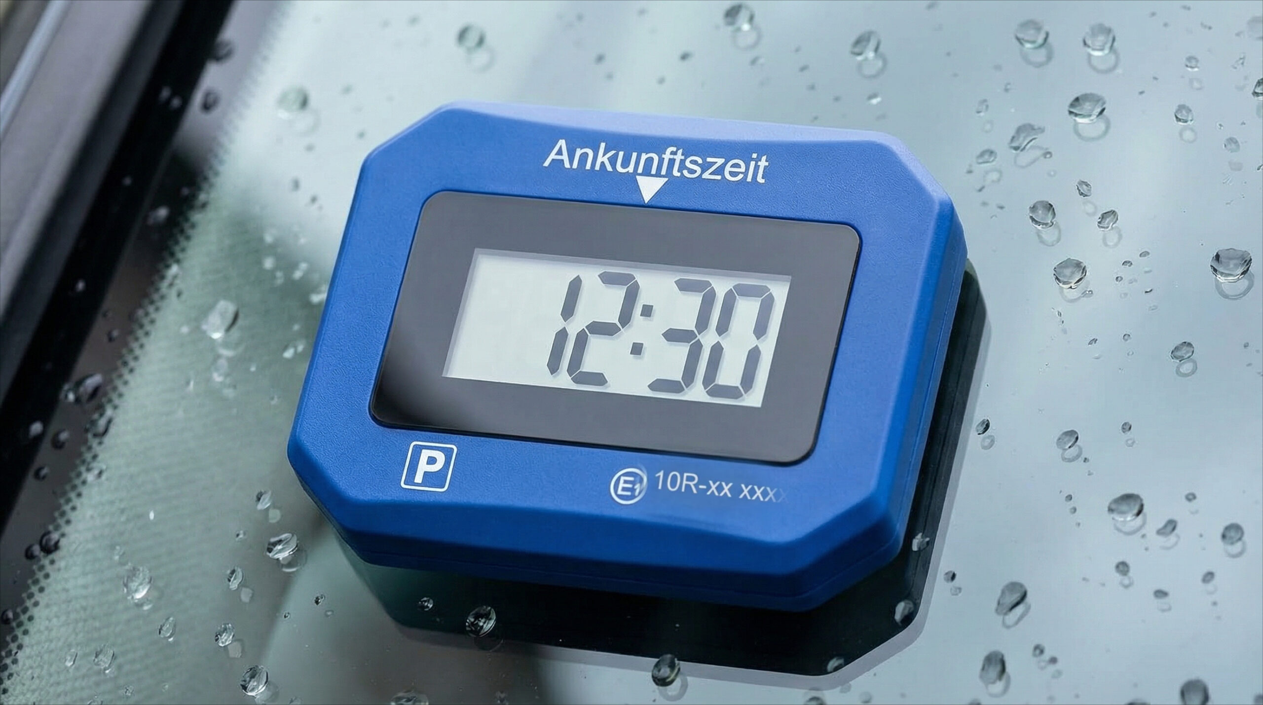 Elektronische Parkscheibe an der Windschutzscheibe mit sichtbarer E-Nummer und digitaler Zeitanzeige.