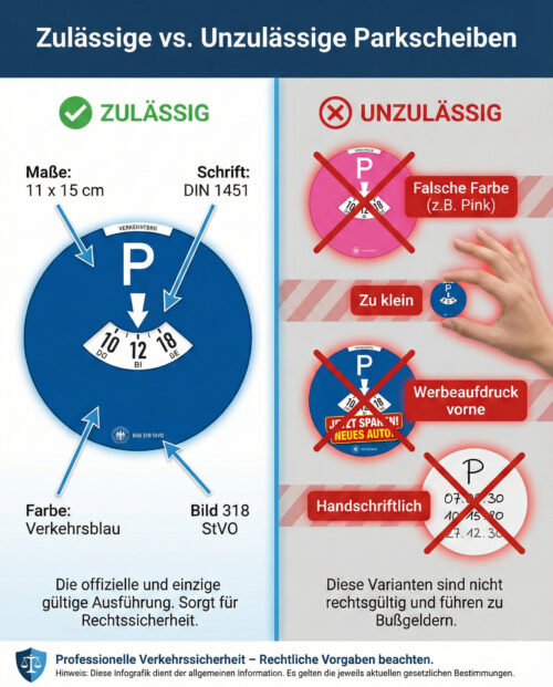 Infografik Vergleich: Links die zulässige blaue Parkscheibe mit Normmaßen, rechts unzulässige Varianten wie pinke Scheiben oder Zettel.