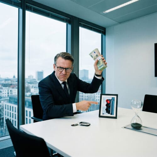 Ein elegant gekleideter Mann hält fordernd ein dickes Geldbündel hoch und deutet auf ein winziges Foto einer roten Ampel.