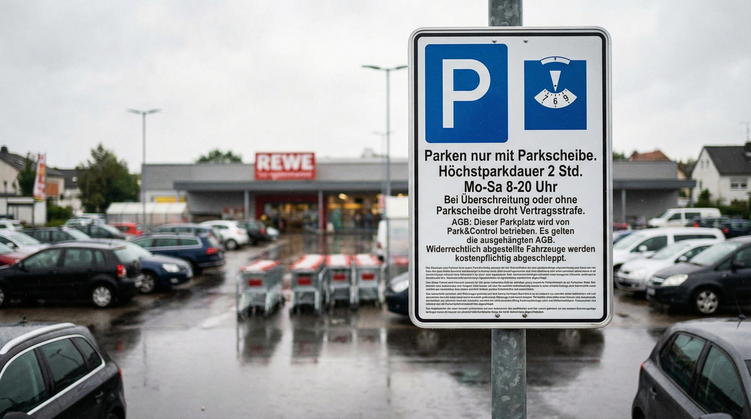 Hinweisschild mit AGB und Parkscheiben-Symbol auf einem privaten Supermarkt-Parkplatz.